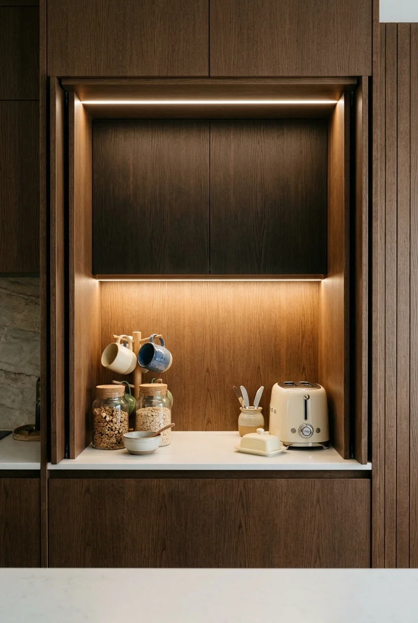 Closable breakfast station with doors pocketed safely aside.