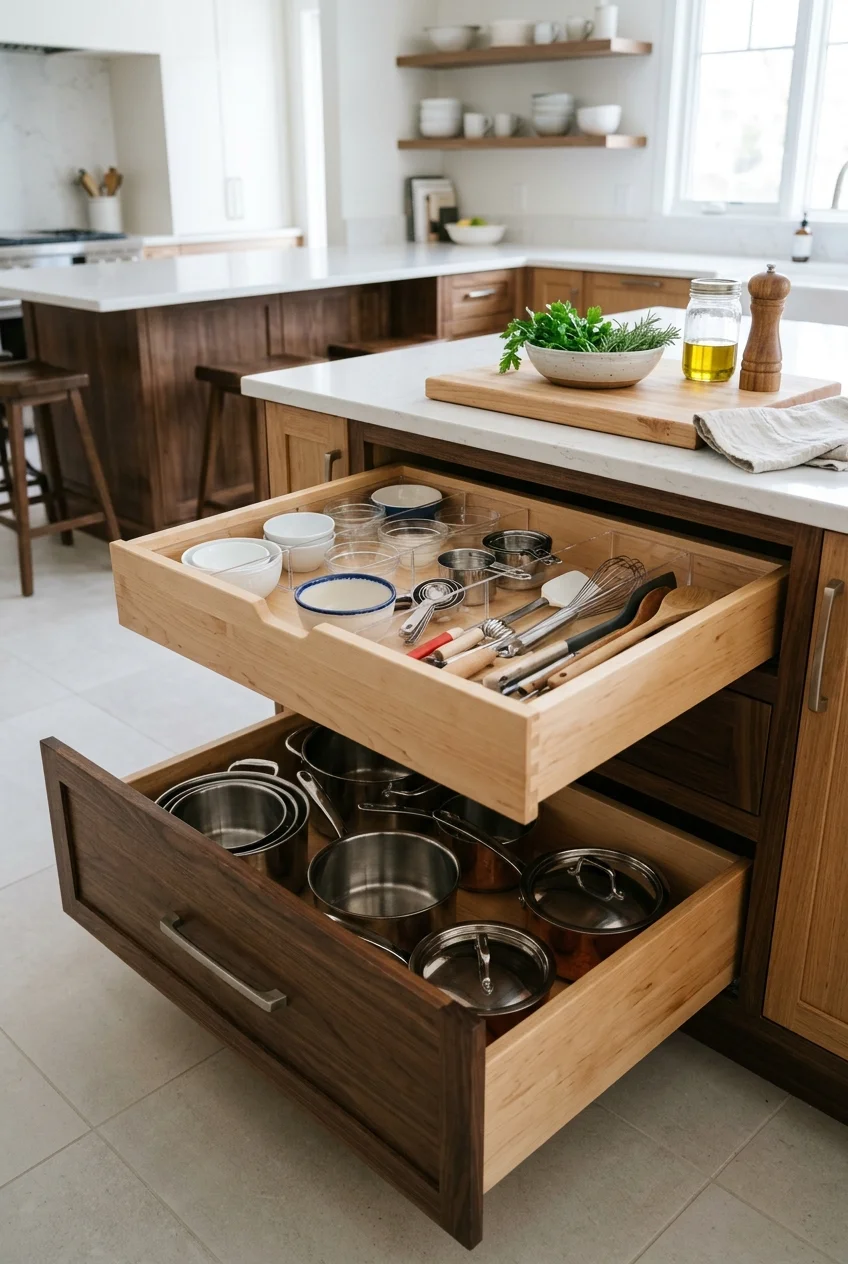 Deep organized drawers beside an open-kitchen preparation counter.
