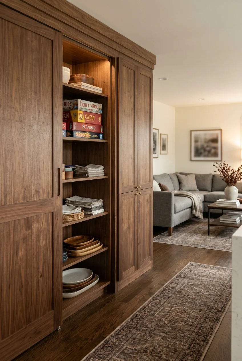 Furniture-style storage on the living side of a kitchen island.