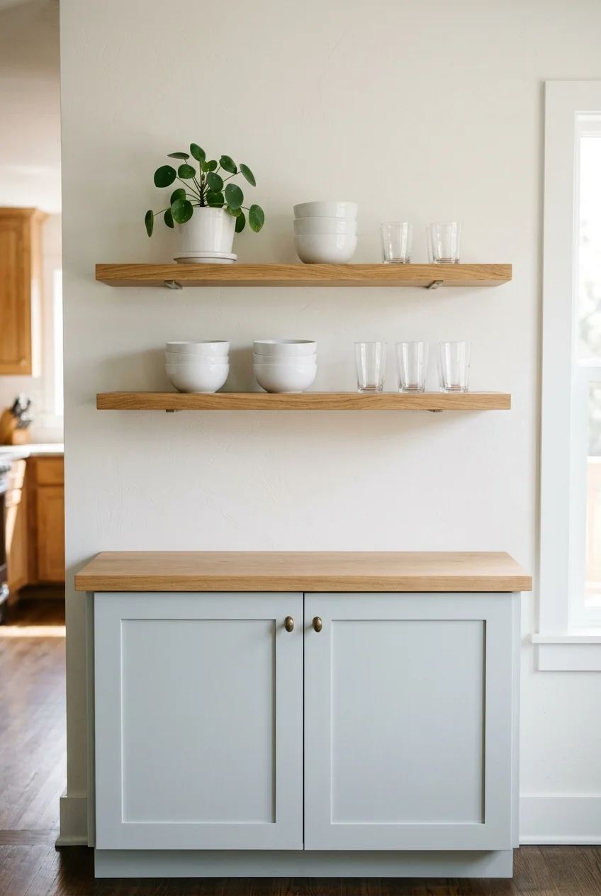 Two restrained open shelves on a quiet kitchen wall.