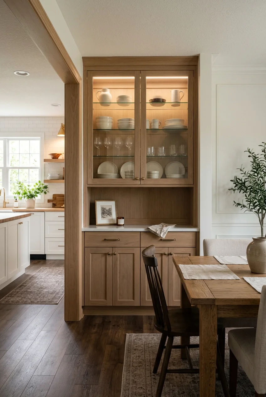Glass-front hutch bridging an open kitchen and dining area.