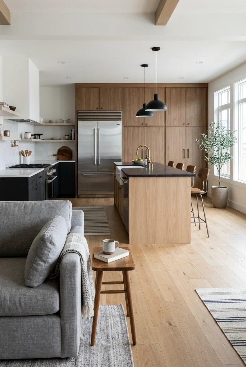 Tall kitchen cabinets grouped at the outer edge of an open room.
