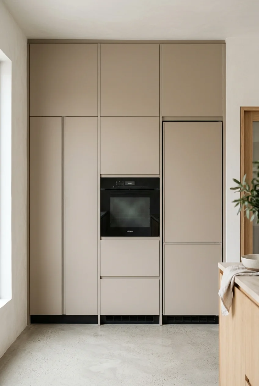 Large appliances aligned within a calm open-kitchen cabinet wall.