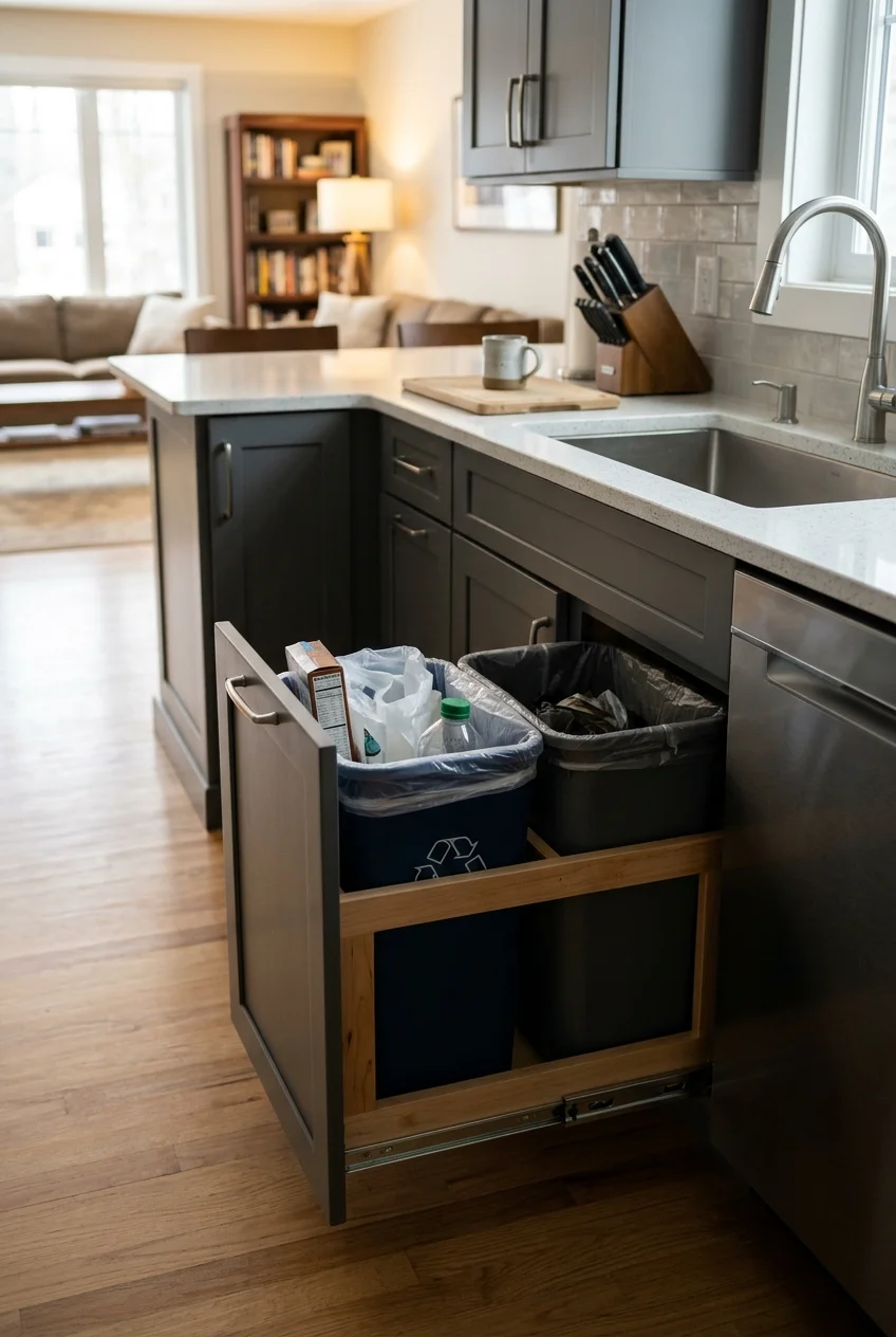 Divided waste and recycling pullout beside the prep counter.