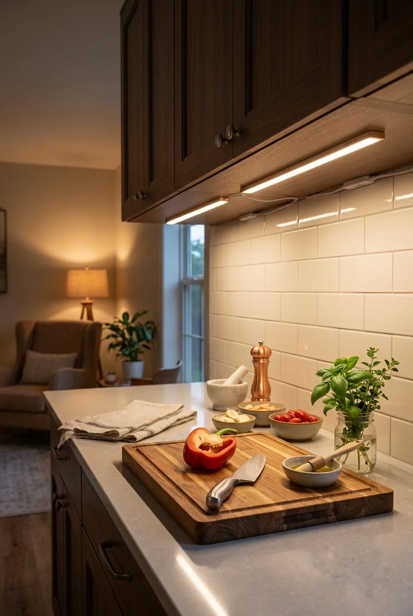 Under-cabinet light bars illuminating an open-kitchen worktop.