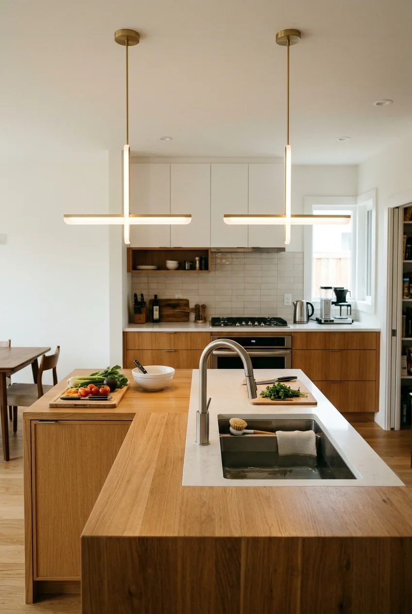 Slender island pendants preserving views across an open kitchen.