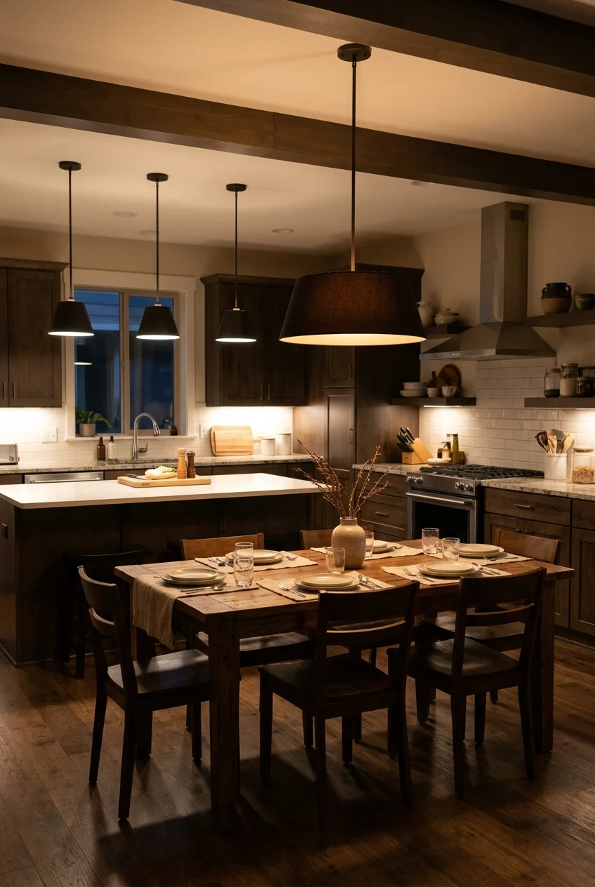 Separate light fixtures defining dining and island zones.