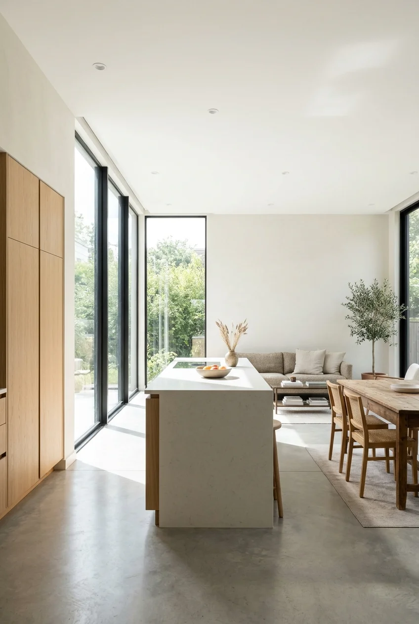 Unobstructed daylight crossing an open kitchen and living area.