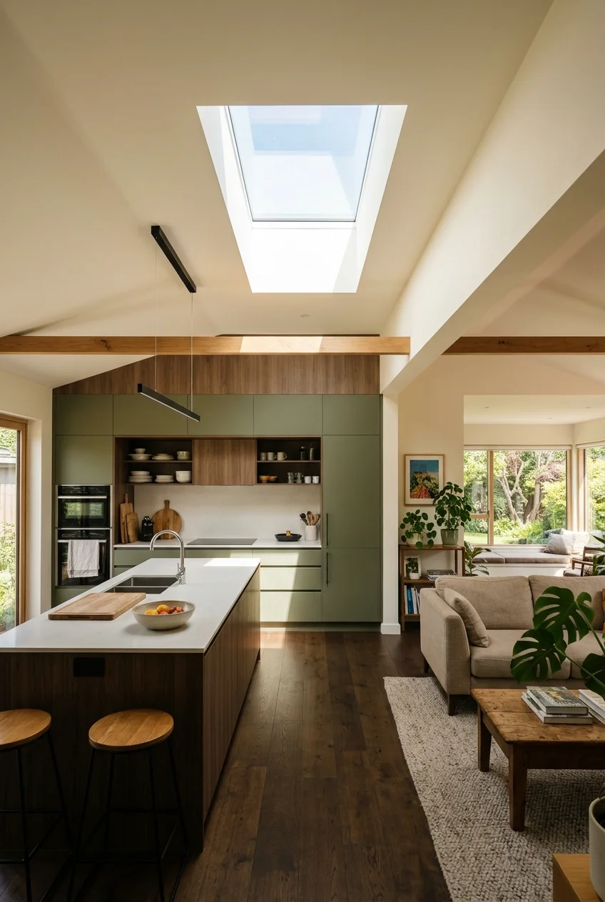 Roof light bringing daylight into an interior open kitchen.