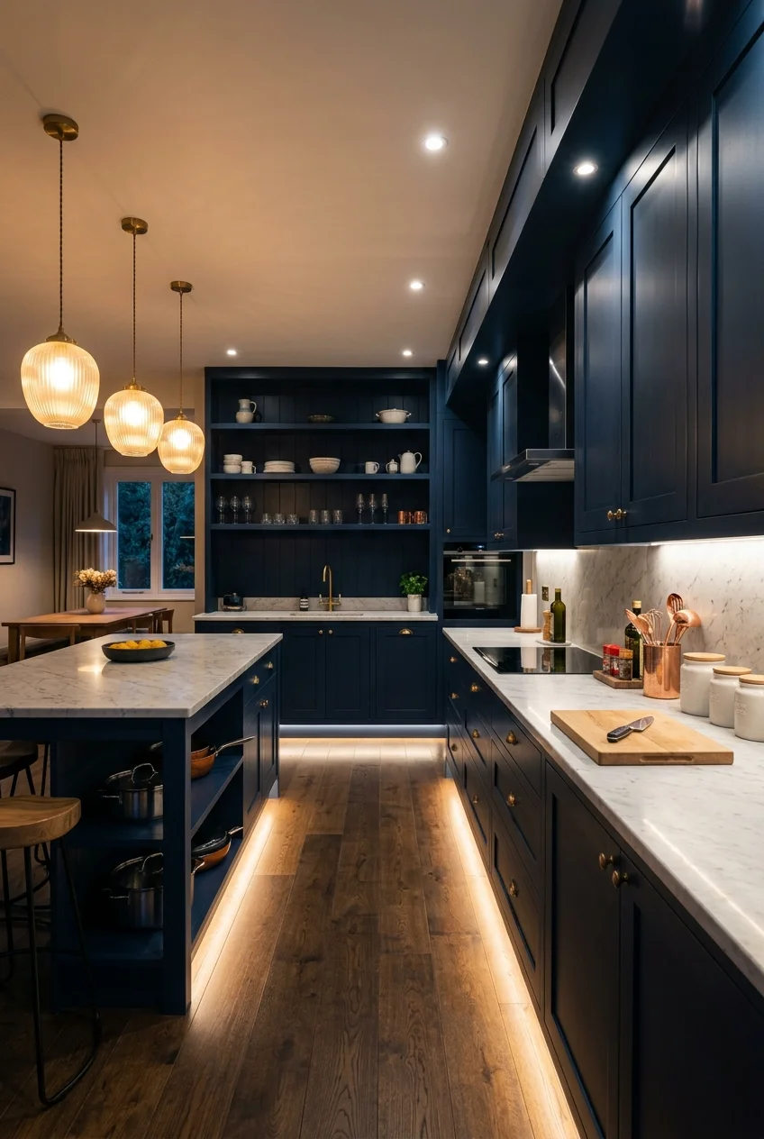 Layered lighting balancing dark navy open-kitchen cabinets.