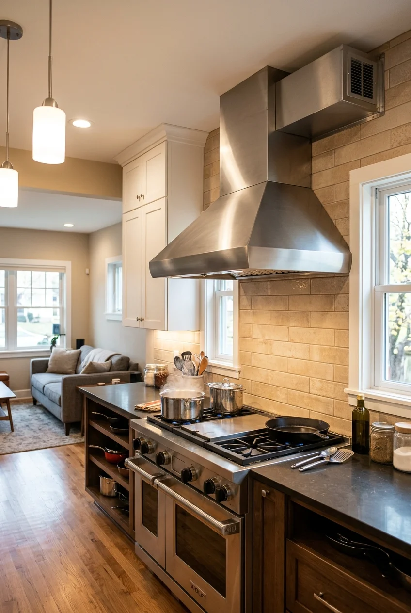 Range hood positioned directly above a wall-mounted range.