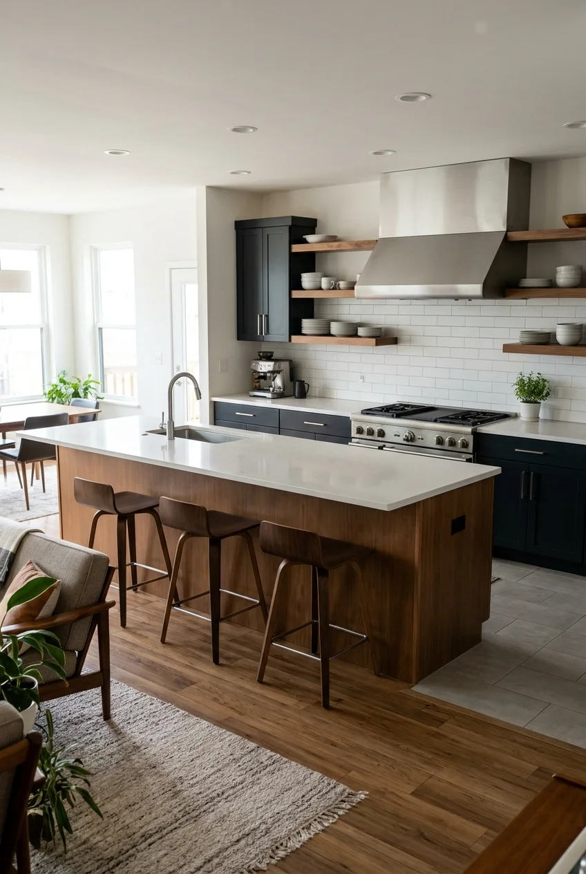 Wall cooktop and clear social island in an open kitchen.
