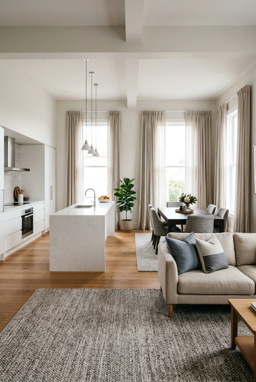 Washable textiles softening dining and living zones beside a kitchen.