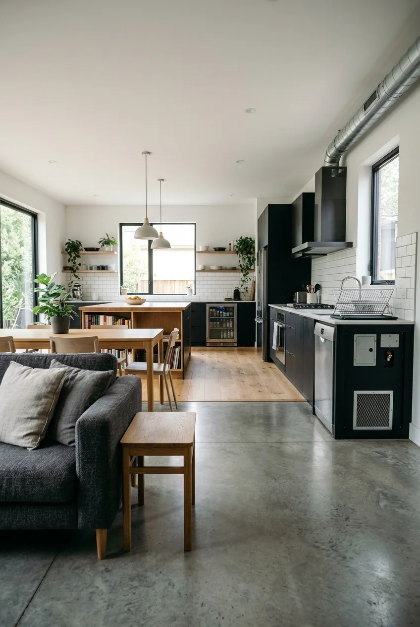 Noisy kitchen appliances placed away from living-room seating.