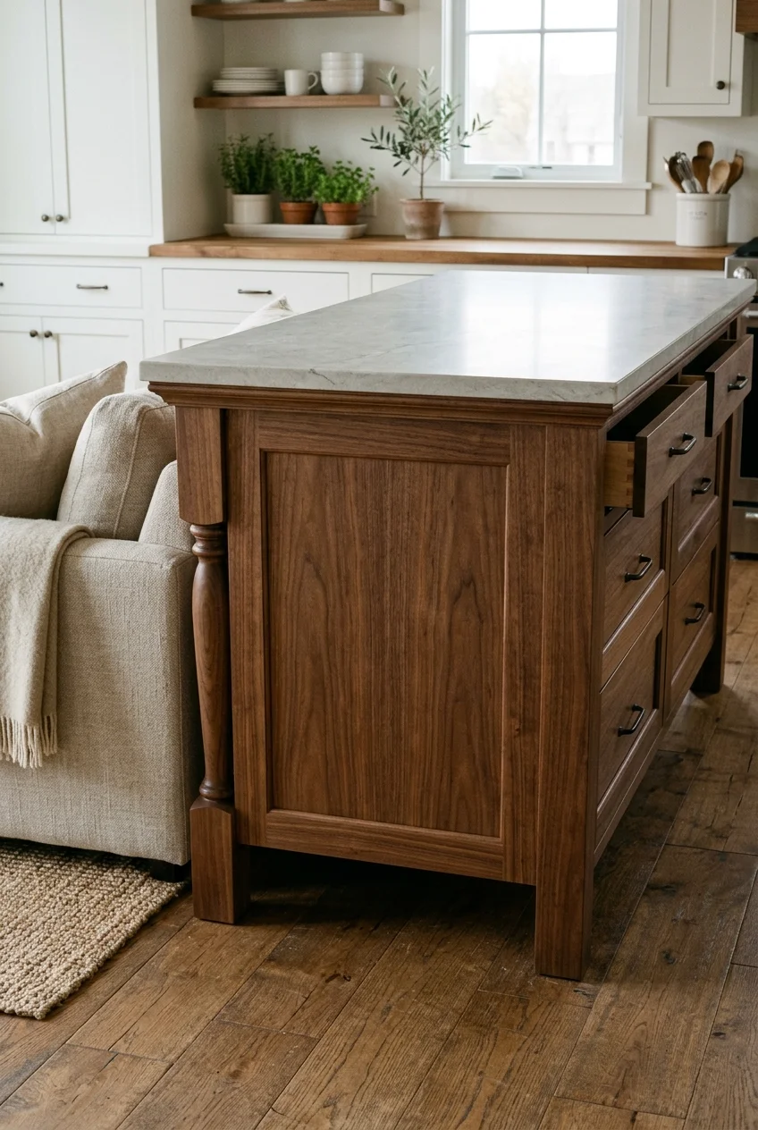 Walnut furniture-style island connecting kitchen and living room.