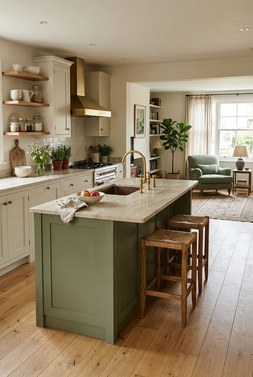 Sage island linking a white kitchen to living-room furniture.