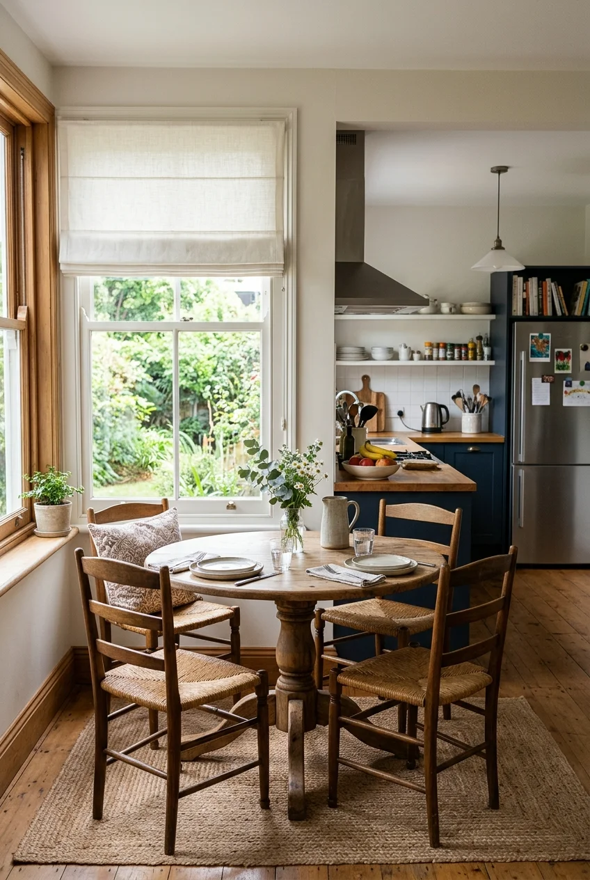 Window-side dining nook beside an open kitchen.
