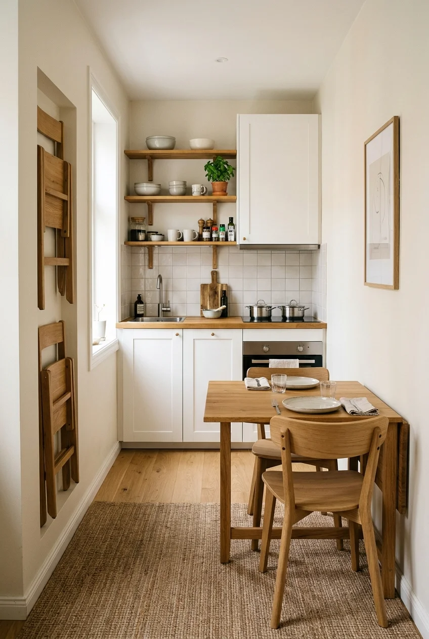 Drop-leaf dining table in a compact open kitchen.