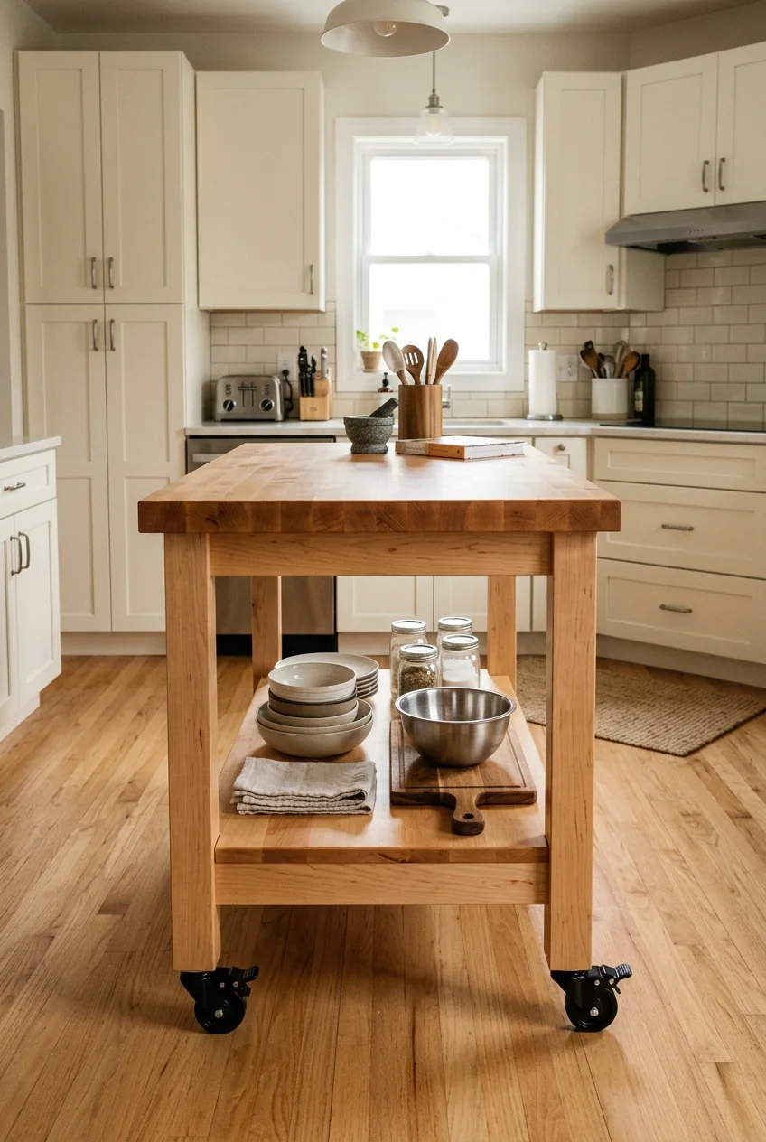 Freestanding worktable island in a rental kitchen.