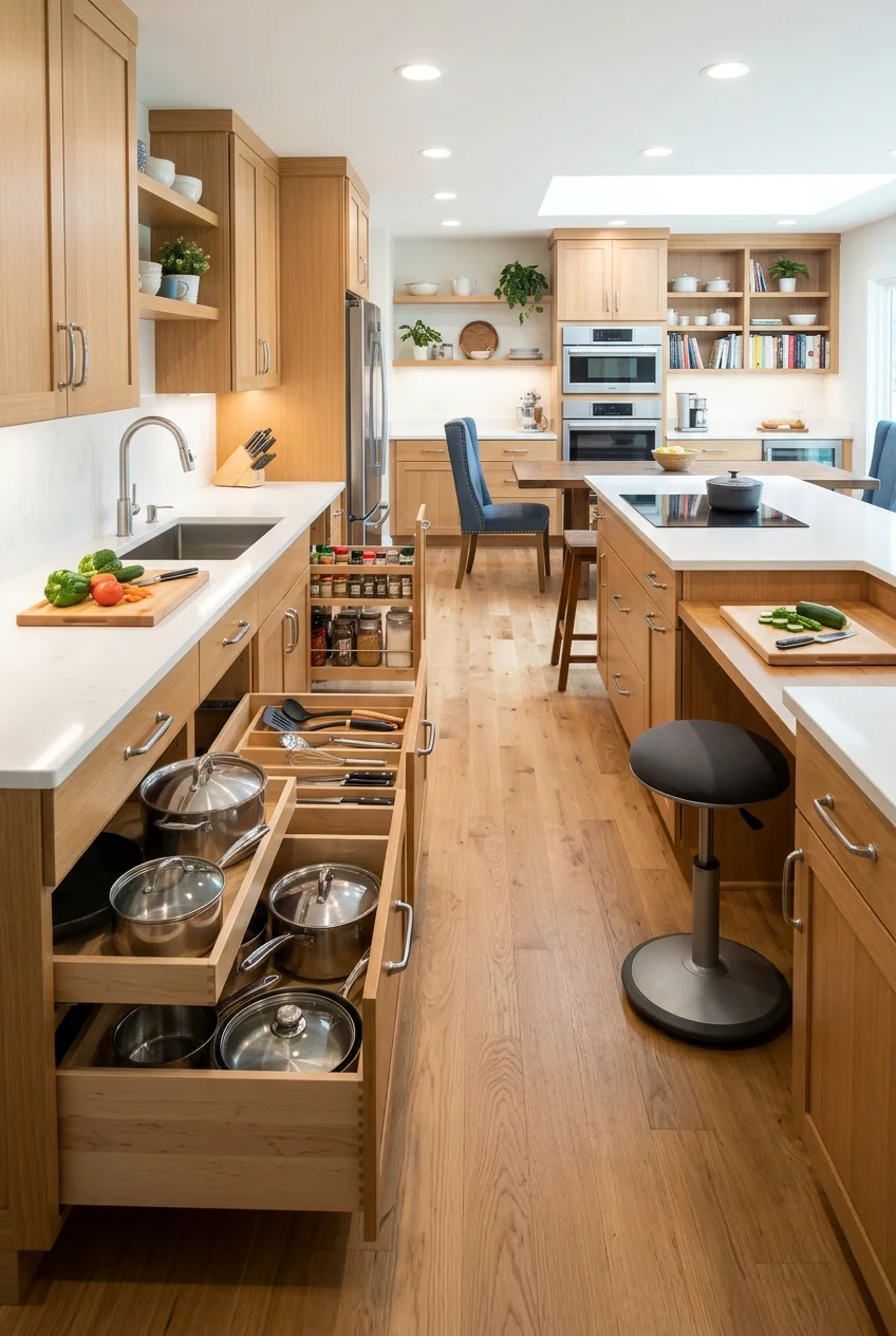 Inclusive open kitchen with clear routes and a seated work surface.