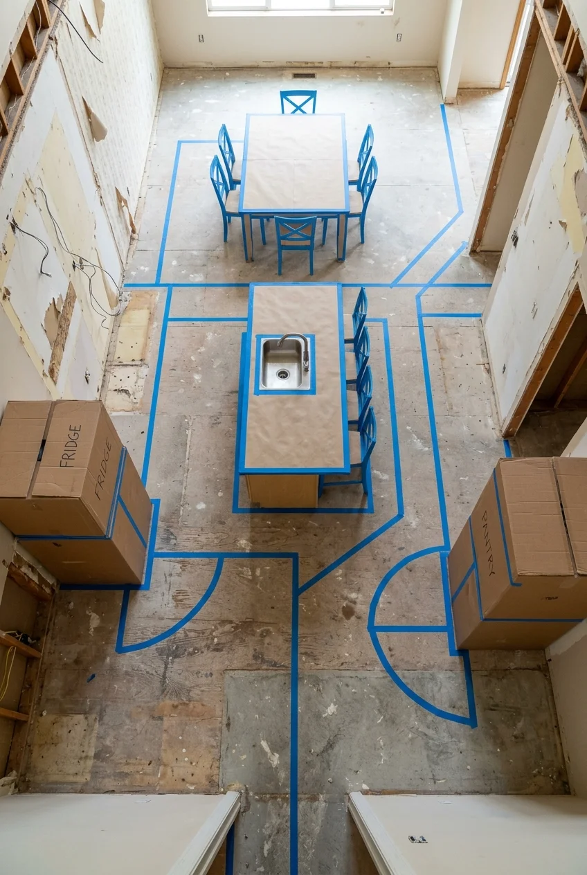 Full-scale taped mockup of an open kitchen and dining layout.