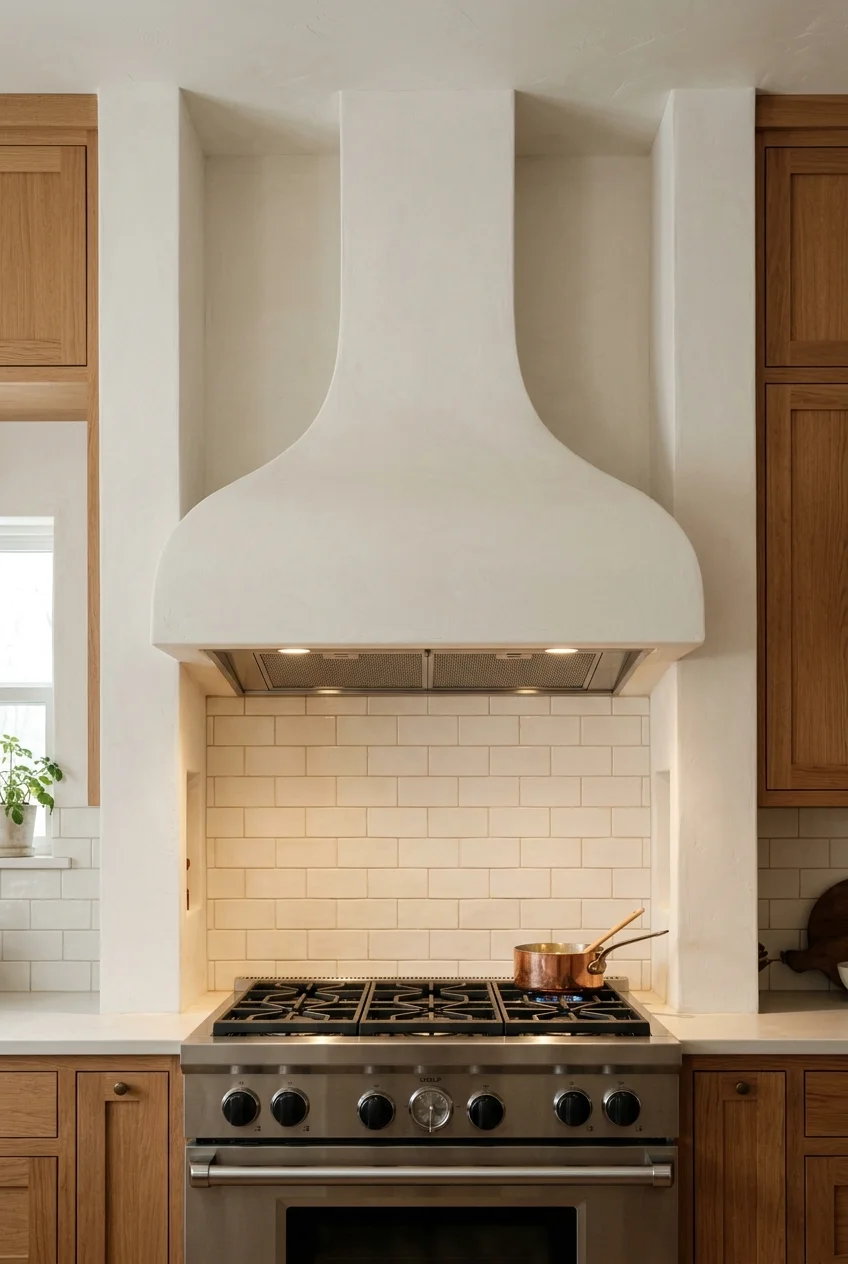Warm white tapered plaster range hood above a kitchen range.