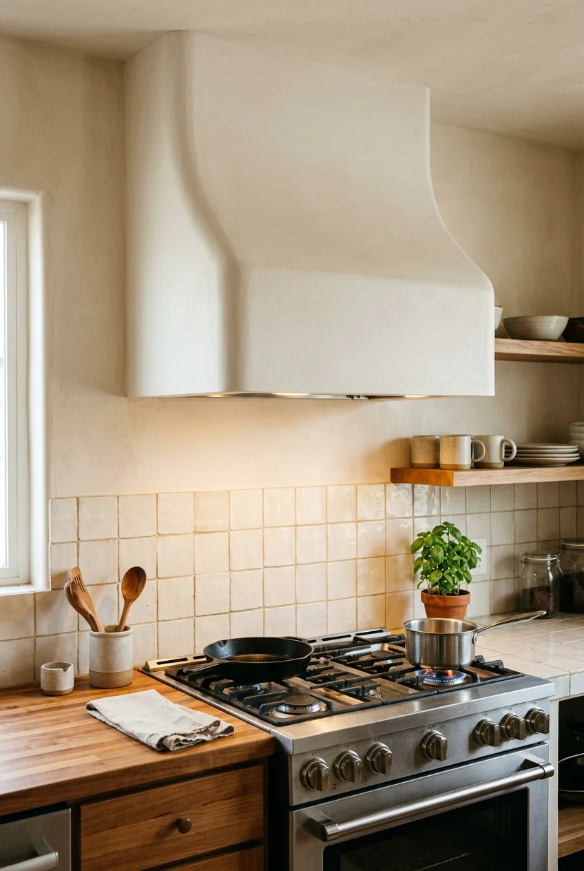 Compact plaster range hood with rounded corners.
