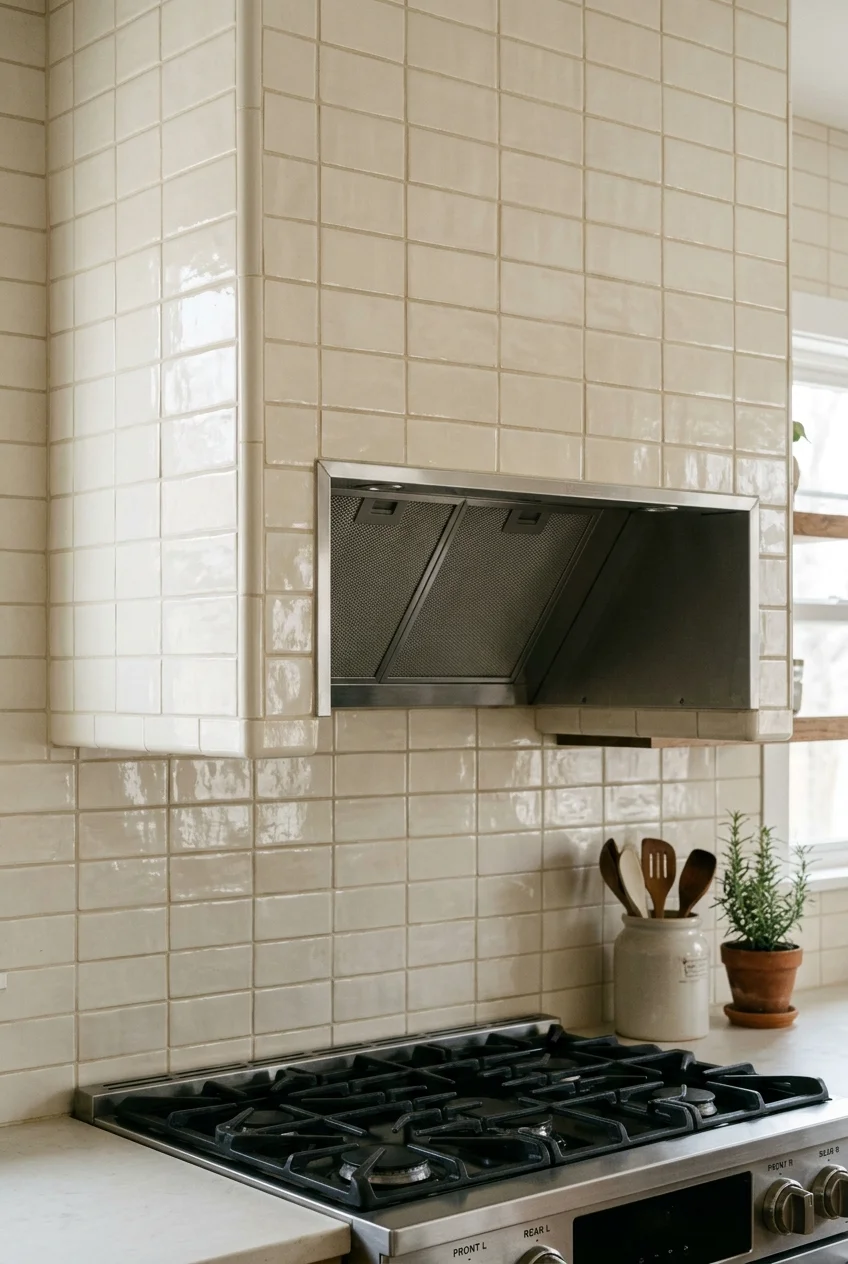 Cream tiled range hood continuing the backsplash pattern.