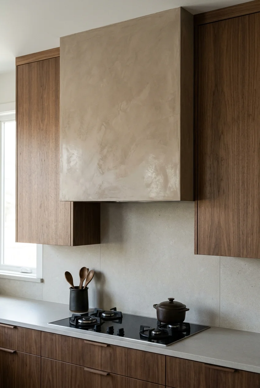 Taupe Venetian plaster hood beside walnut cabinets.