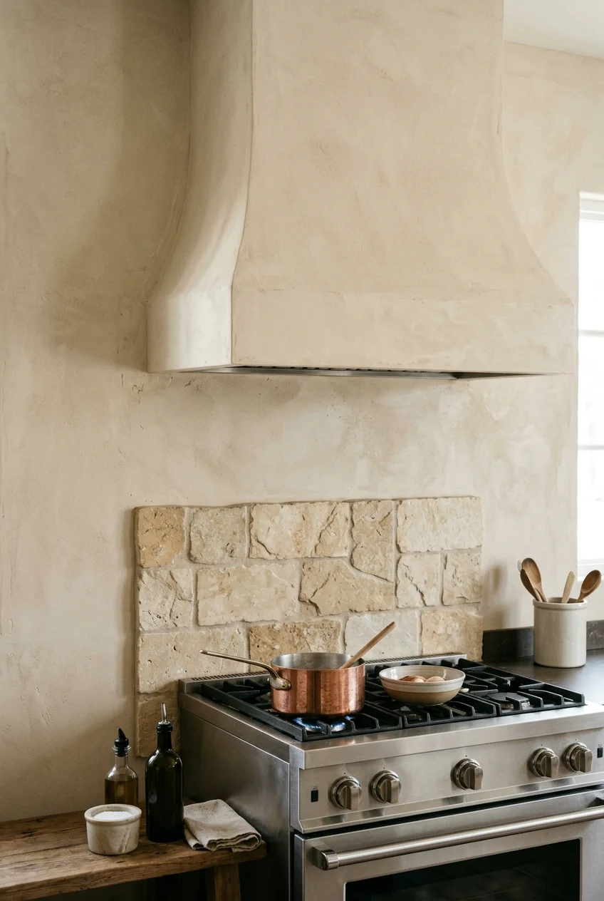 Sand-colored hood blending into a limewashed kitchen wall.