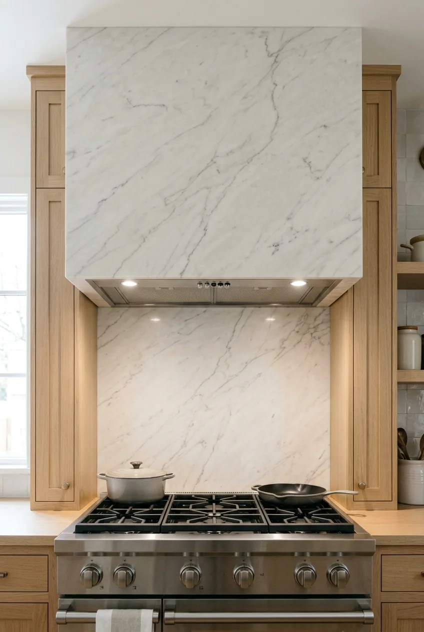 Pale stone slab range hood with aligned veining.