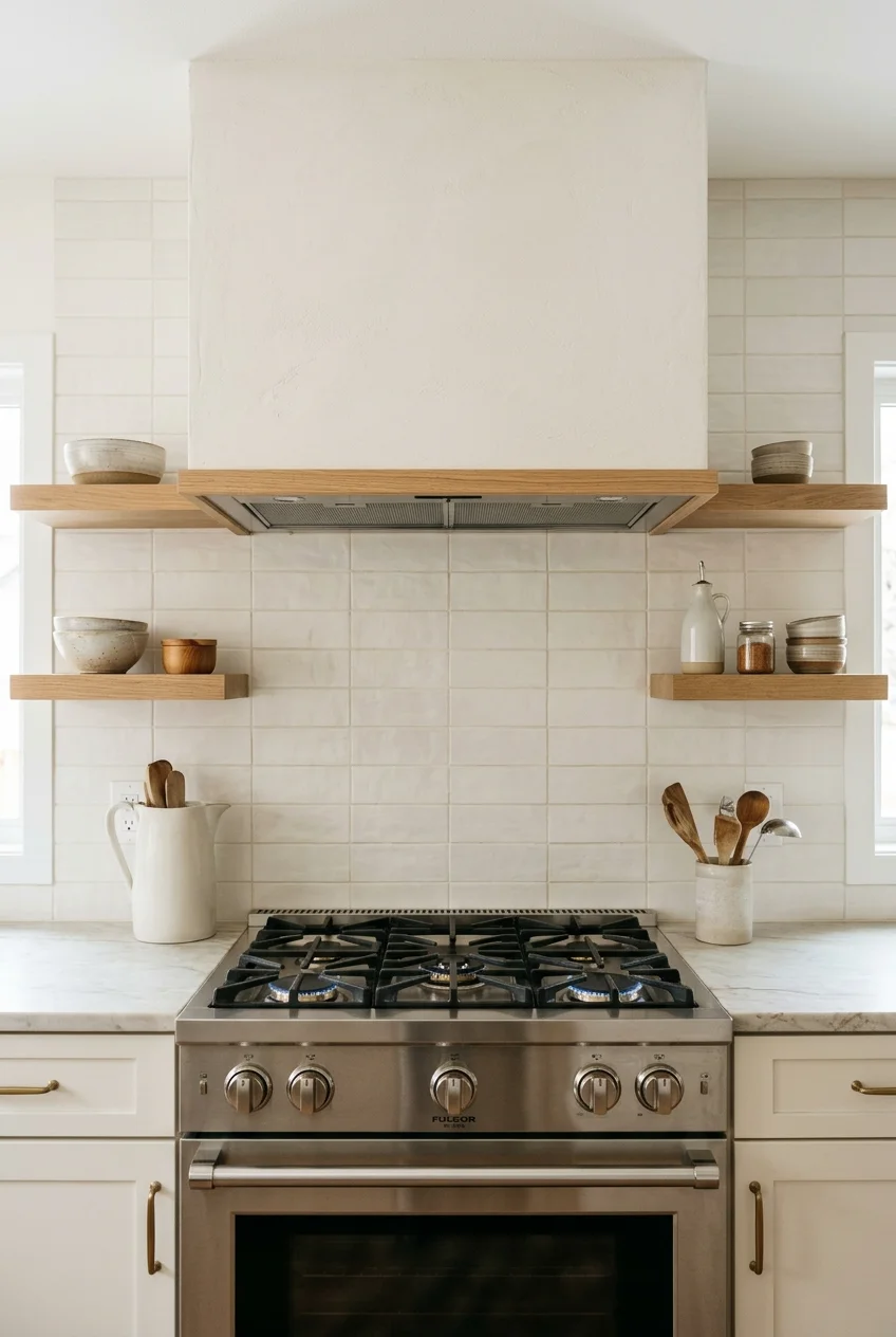 Plaster range hood with a slim oak lower band.