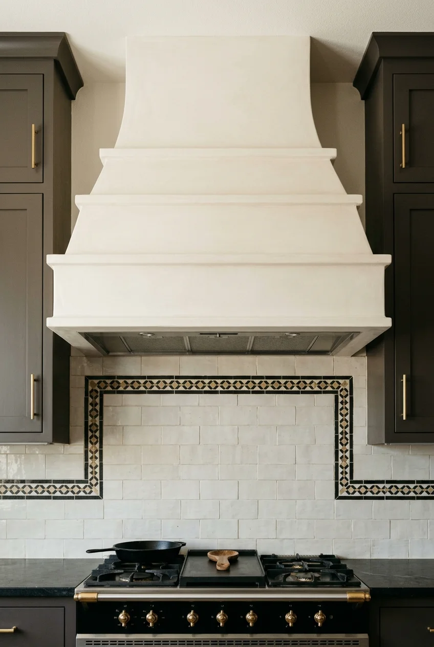 Ivory stepped plaster range hood with Art Deco lines.