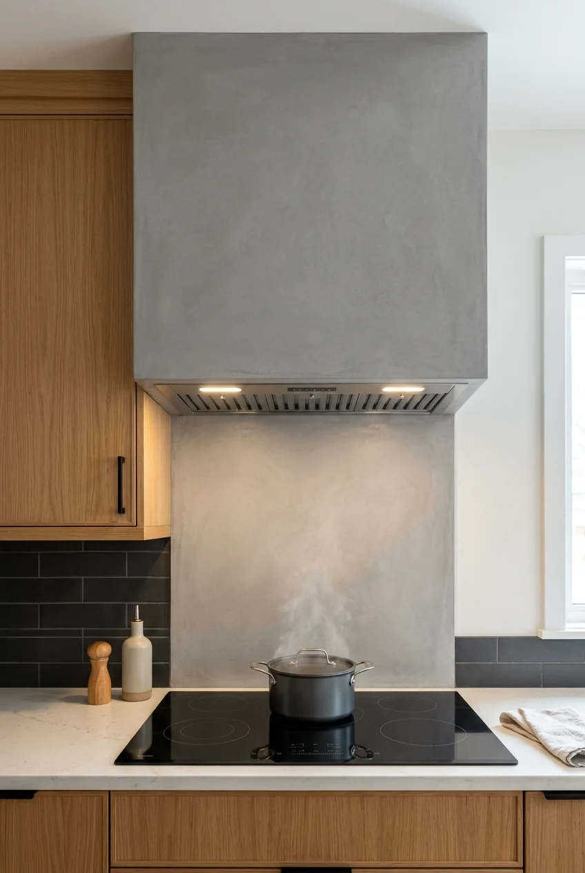Gray microcement range hood above an induction cooktop.