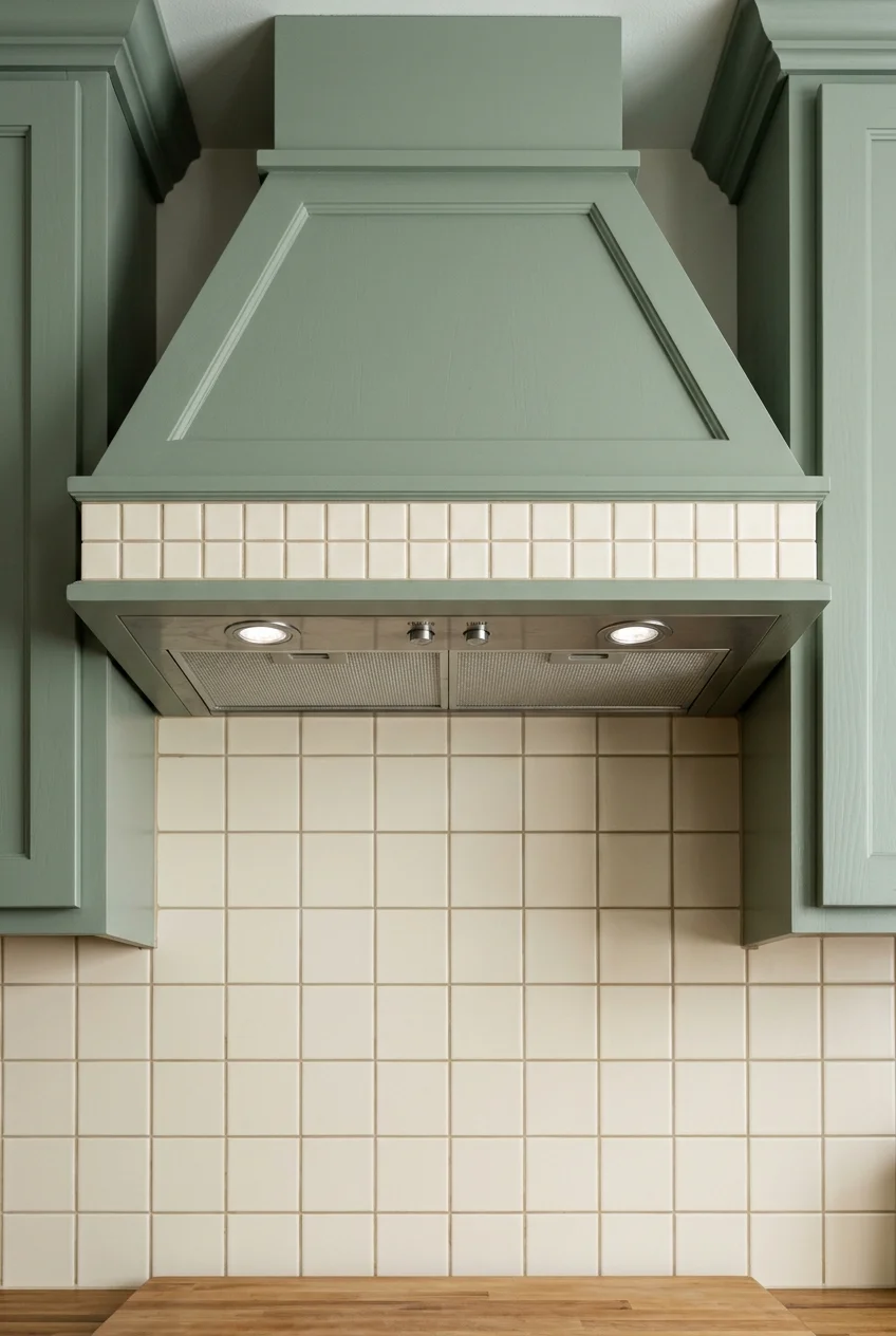 Sage range hood with a tiled lower band.