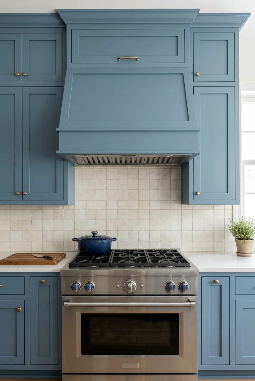 Blue range hood cover matching shaker cabinets.