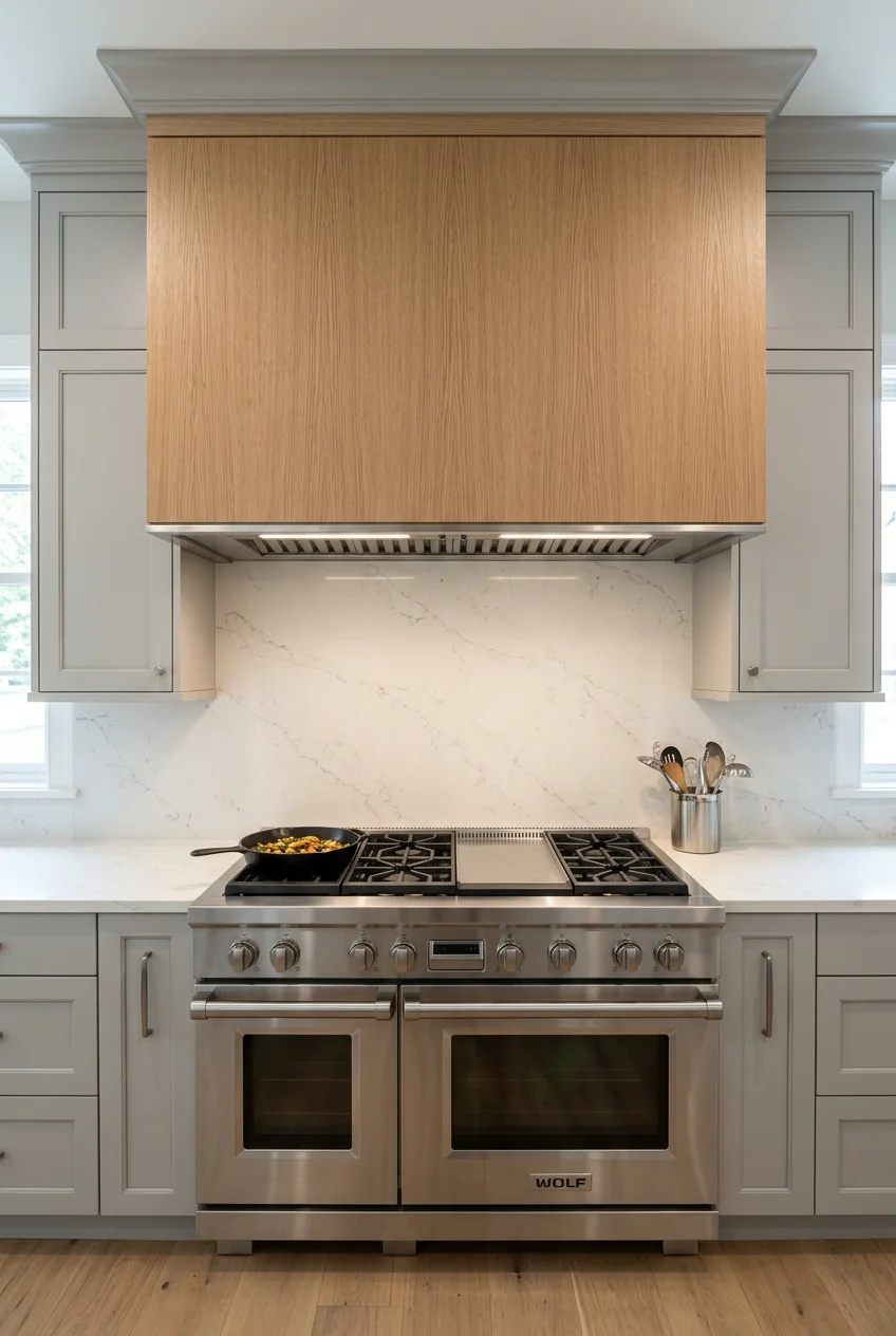 Rift-cut oak range hood with vertical grain.