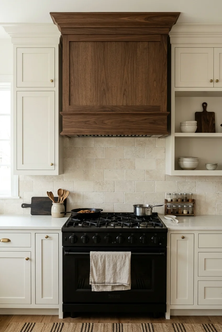 Dark walnut range hood on a pale cooking wall.