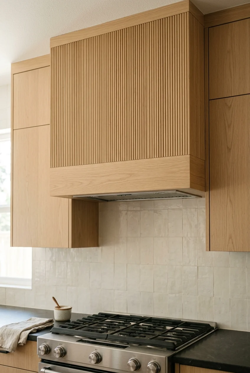 Light oak reeded range hood with a smooth lower rail.
