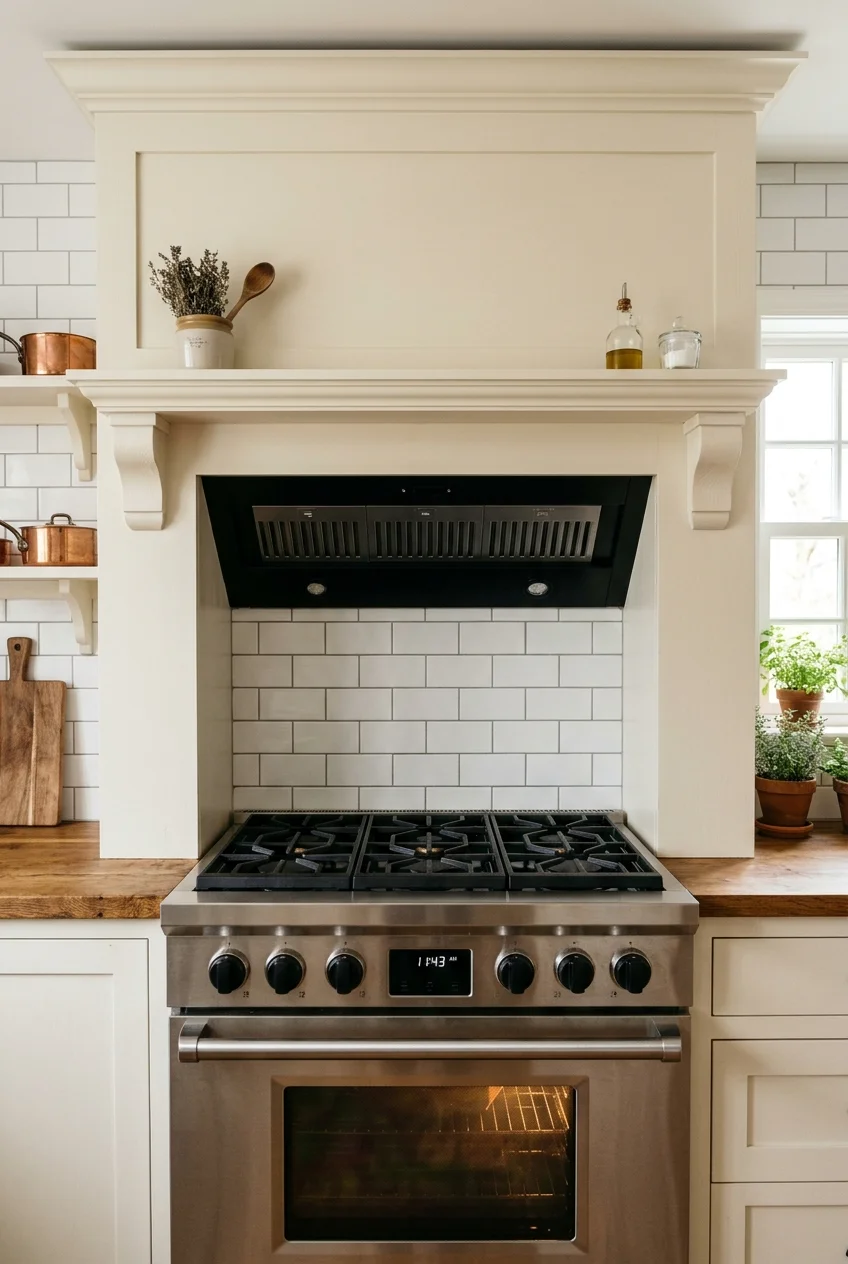 Traditional cream mantel hood with restrained corbels.