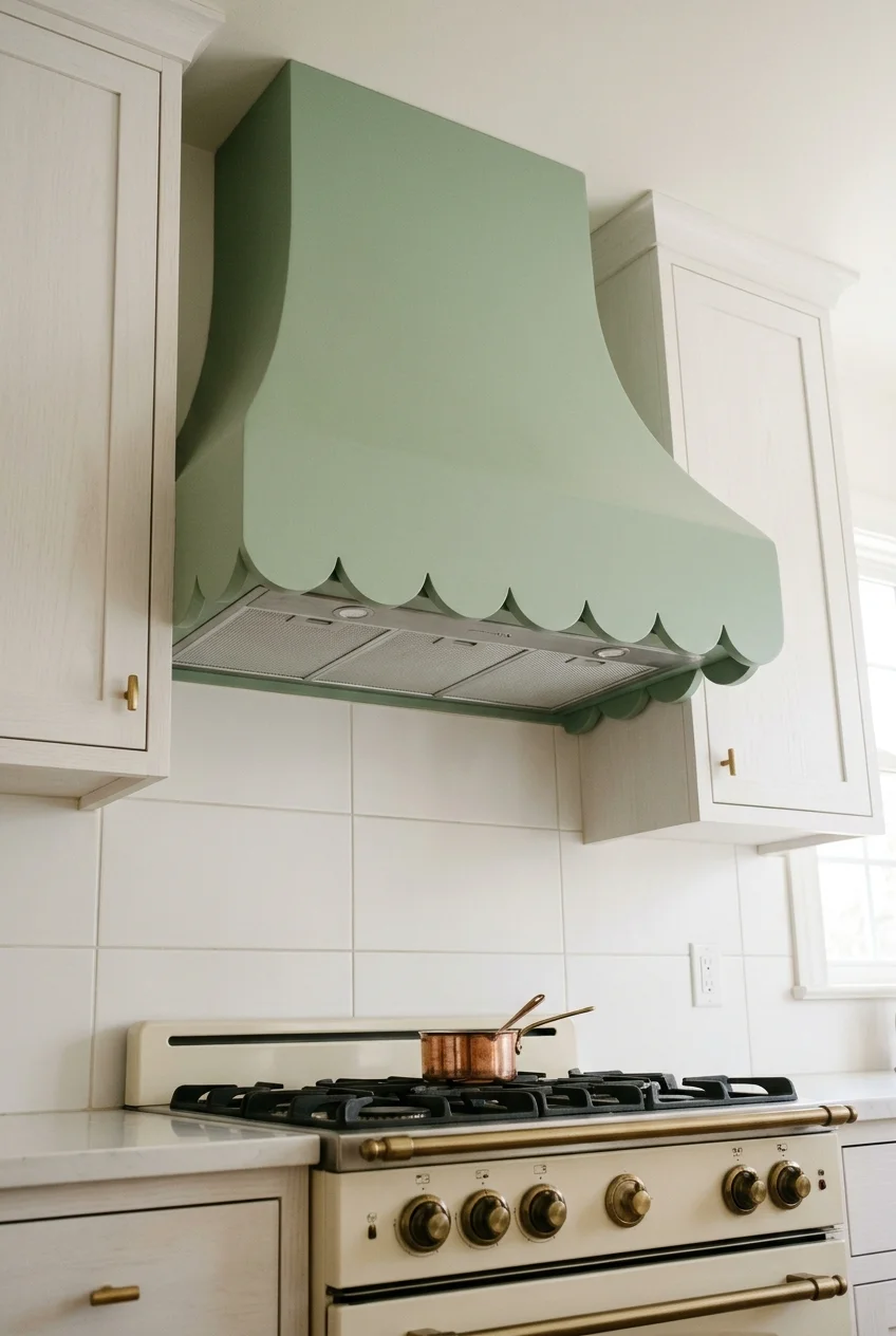Soft green cottage hood with a broad scalloped edge.