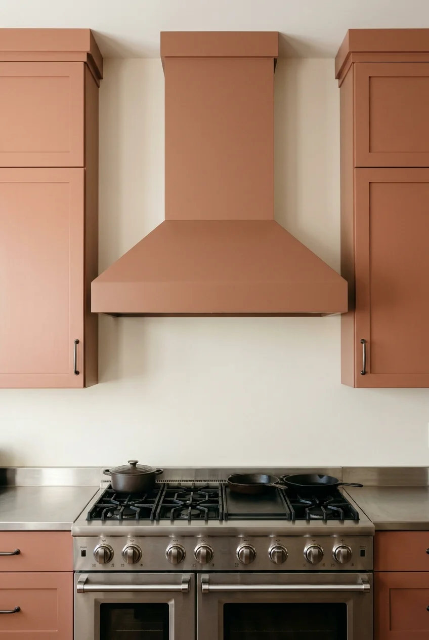 Clay range hood one shade darker than surrounding cabinets.