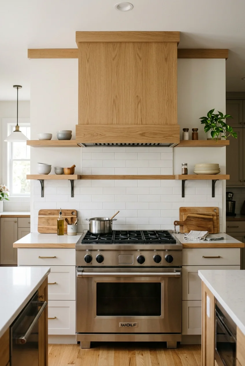 Oak range hood with short floating shelves on both sides.
