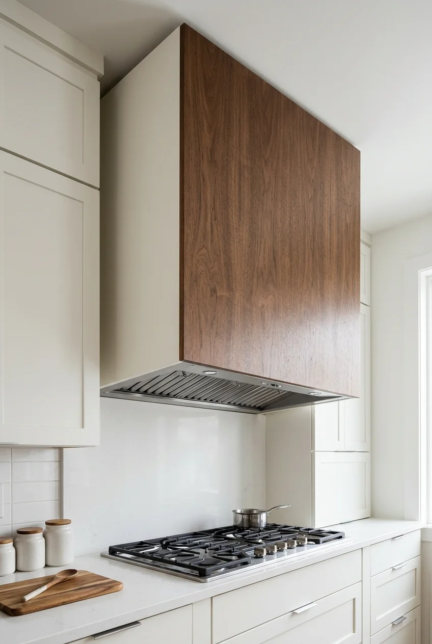 Walnut-faced range hood with painted side returns.