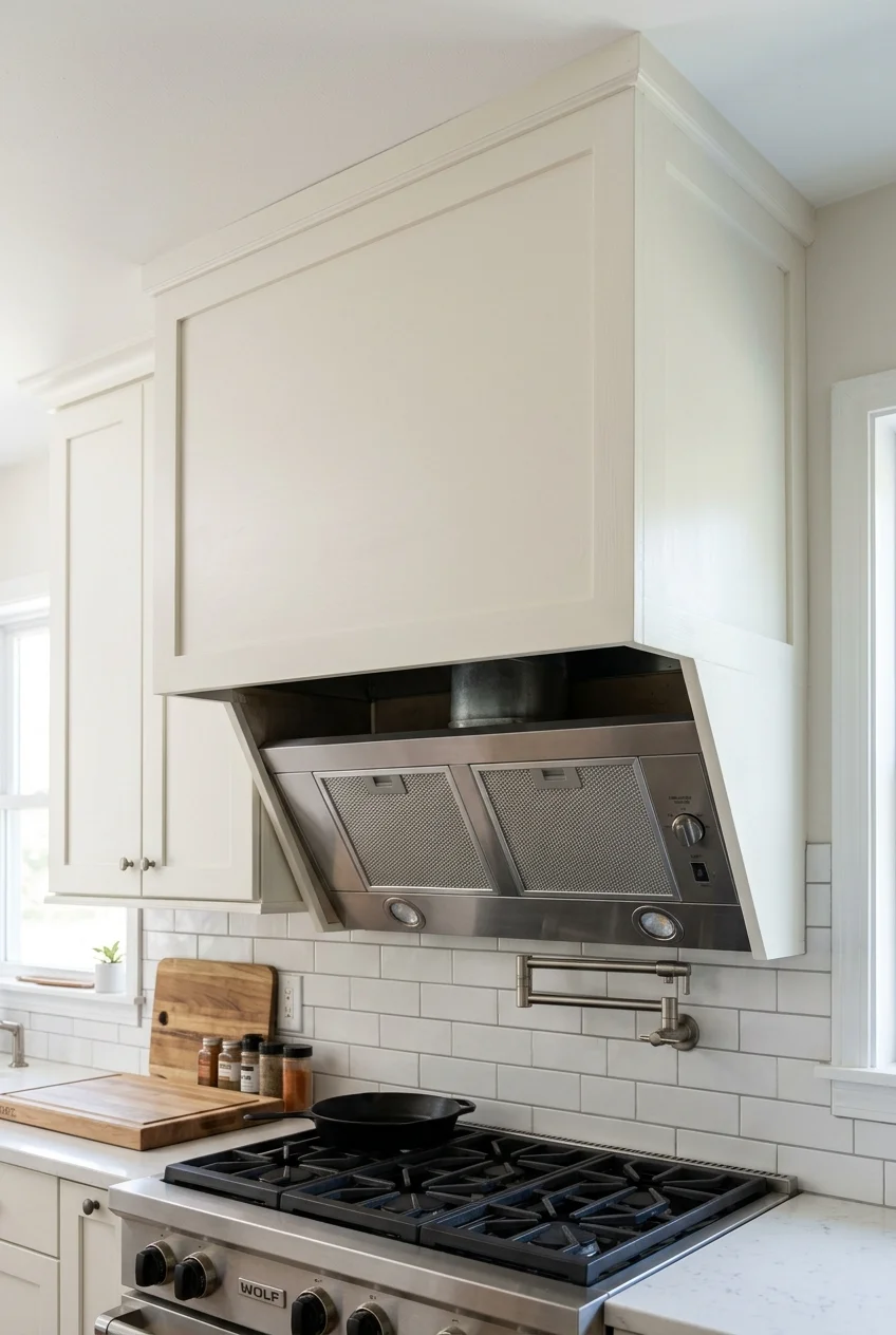 Simple painted box cover around a built-in range hood insert.