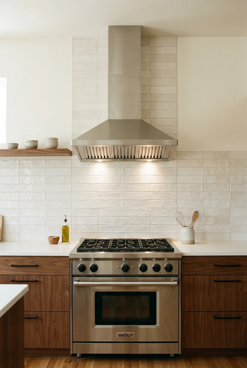 Brushed stainless chimney hood above a matching range.