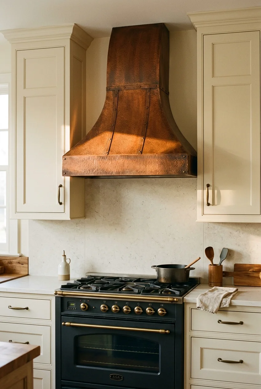 Hammered copper range hood with creamy cabinetry.