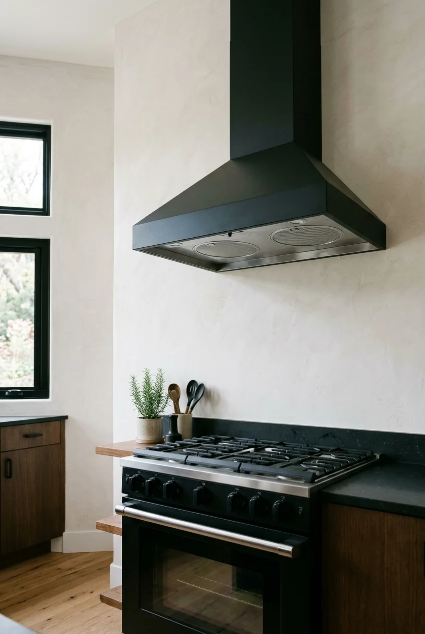 Matte black steel range hood against a pale wall.