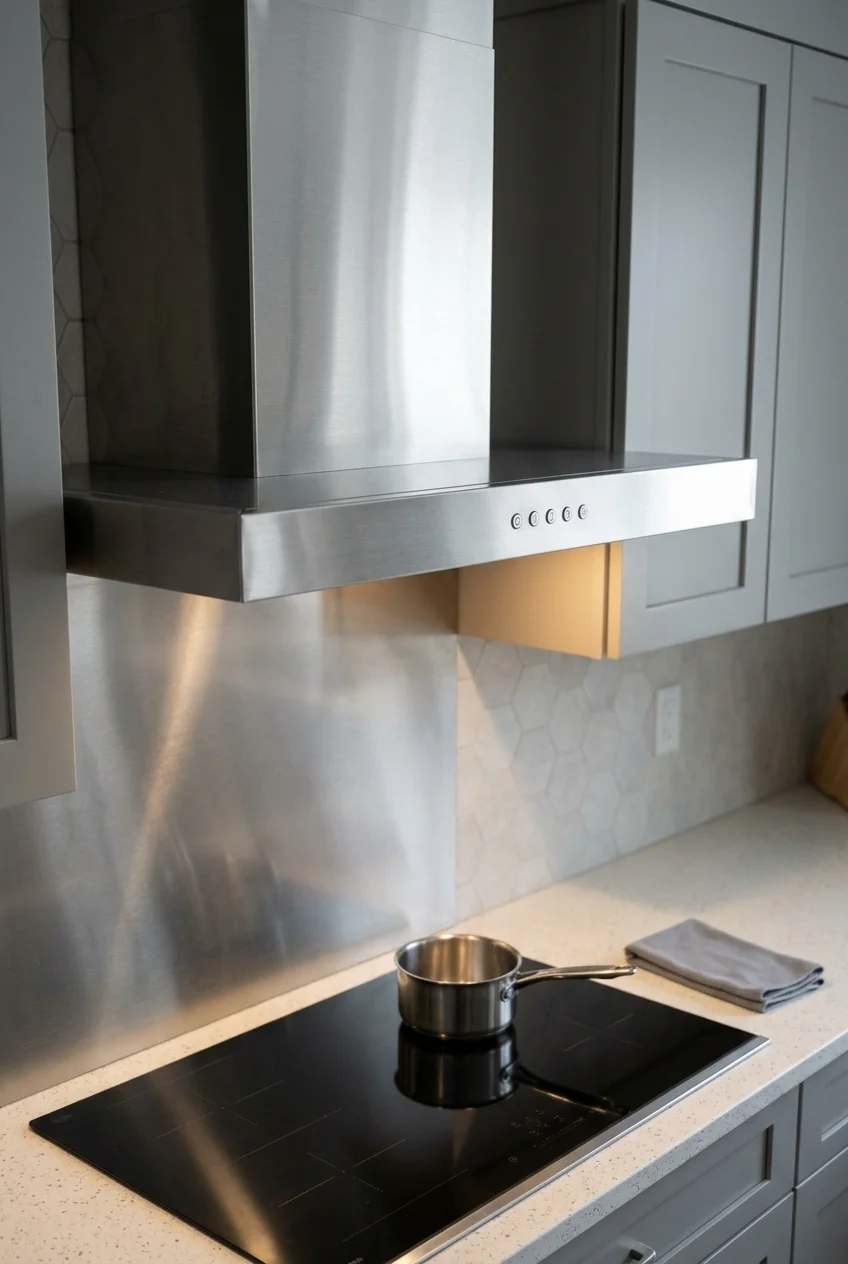 Clean-lined brushed stainless range hood with aligned controls.