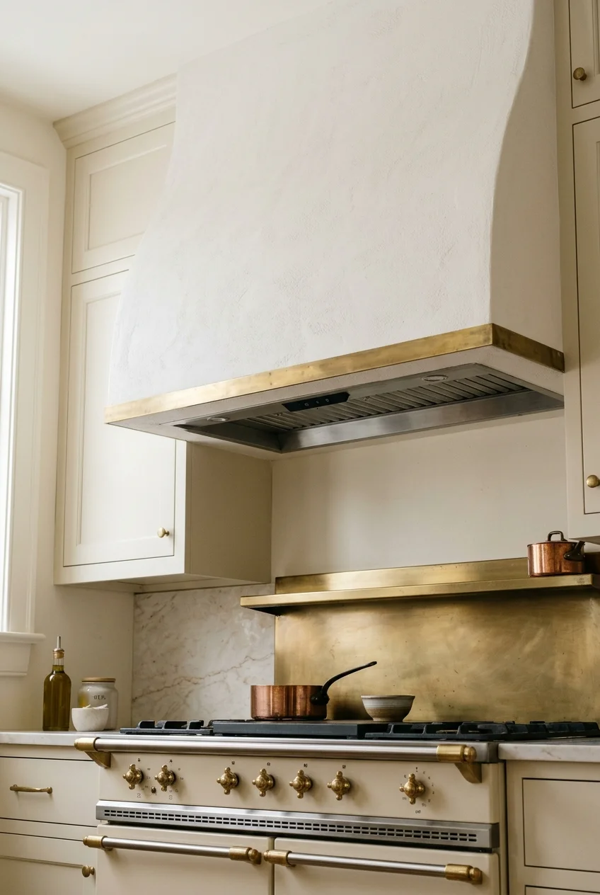 Plaster range hood with a slim aged-brass band.